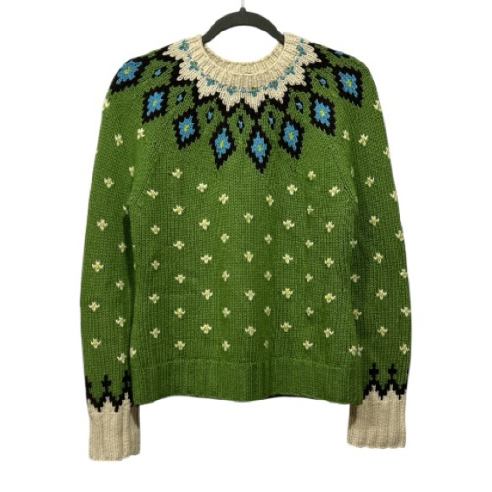 J. Crew Hand knit Fair Isle Crew Neck Sweater Angora Cashmere Wool Blend Green L - Picture 9 of 9
